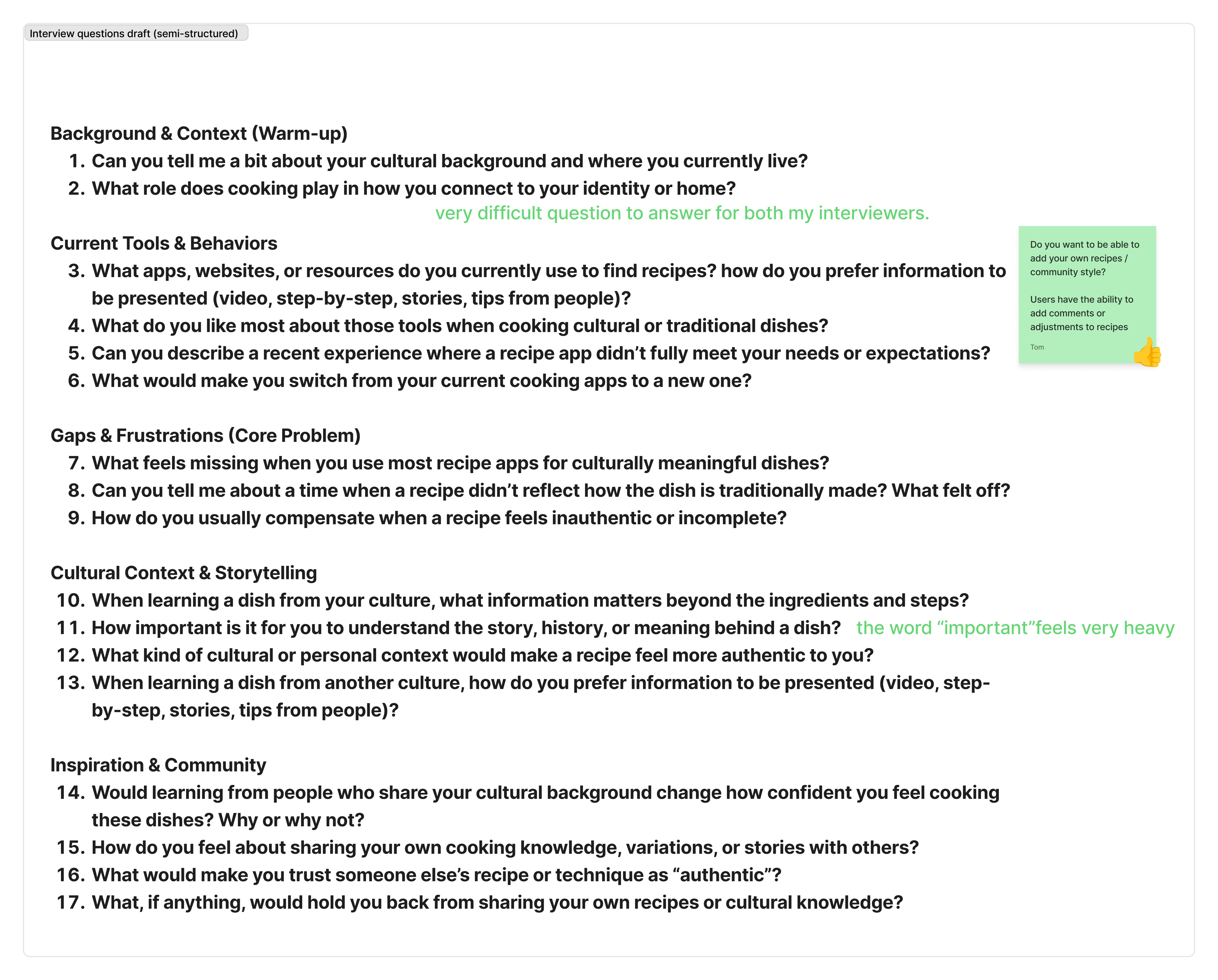 First draft of the interview questions written out for review